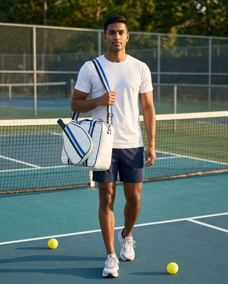 Man carrying the Court Club Puffer Tote in White/Blue crossbody on a pickleball court