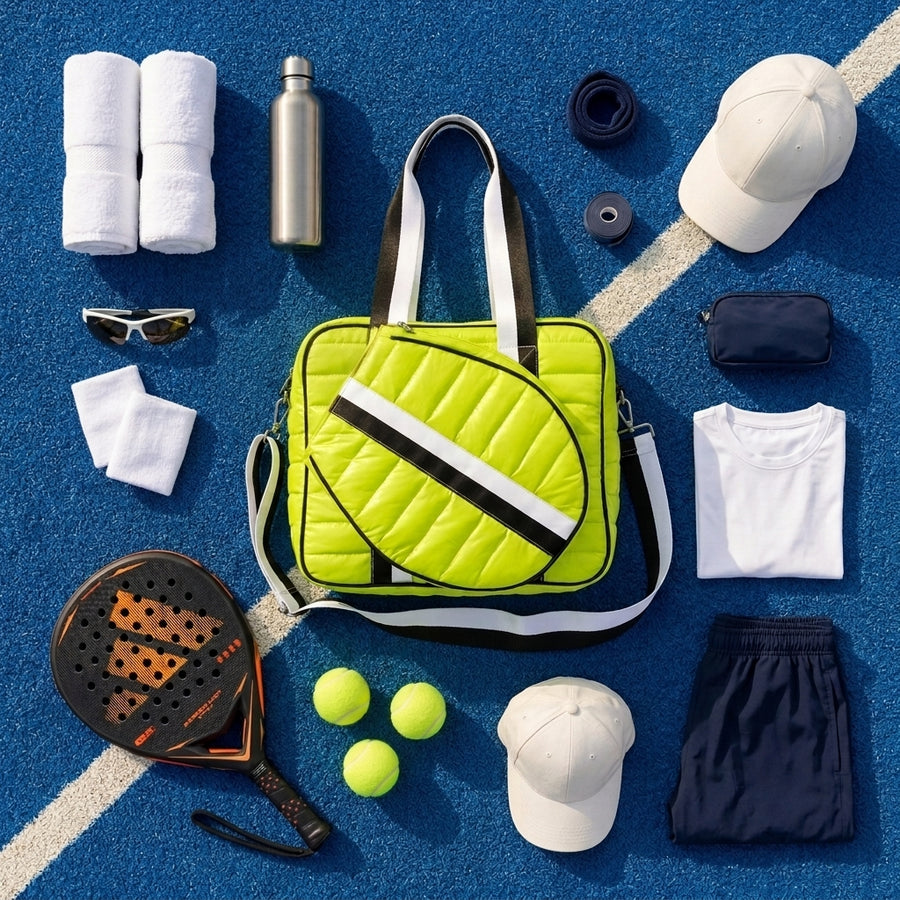 Court Club Puffer Tote Padel flatlay with padel racket, balls and kit on a padel court