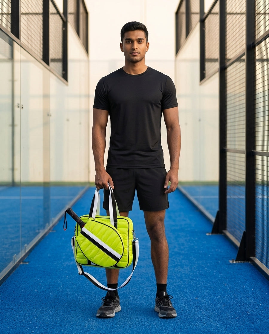 Man holding the neon yellow Court Club Puffer Tote Padel inside a padel court